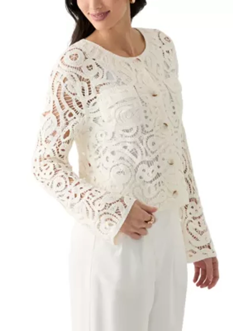 Women's Long Sleeve Crew Neck Button Up Crochet Coat