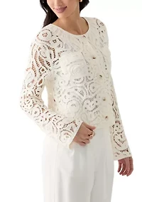 Women's Long Sleeve Crew Neck Button Up Crochet Coat