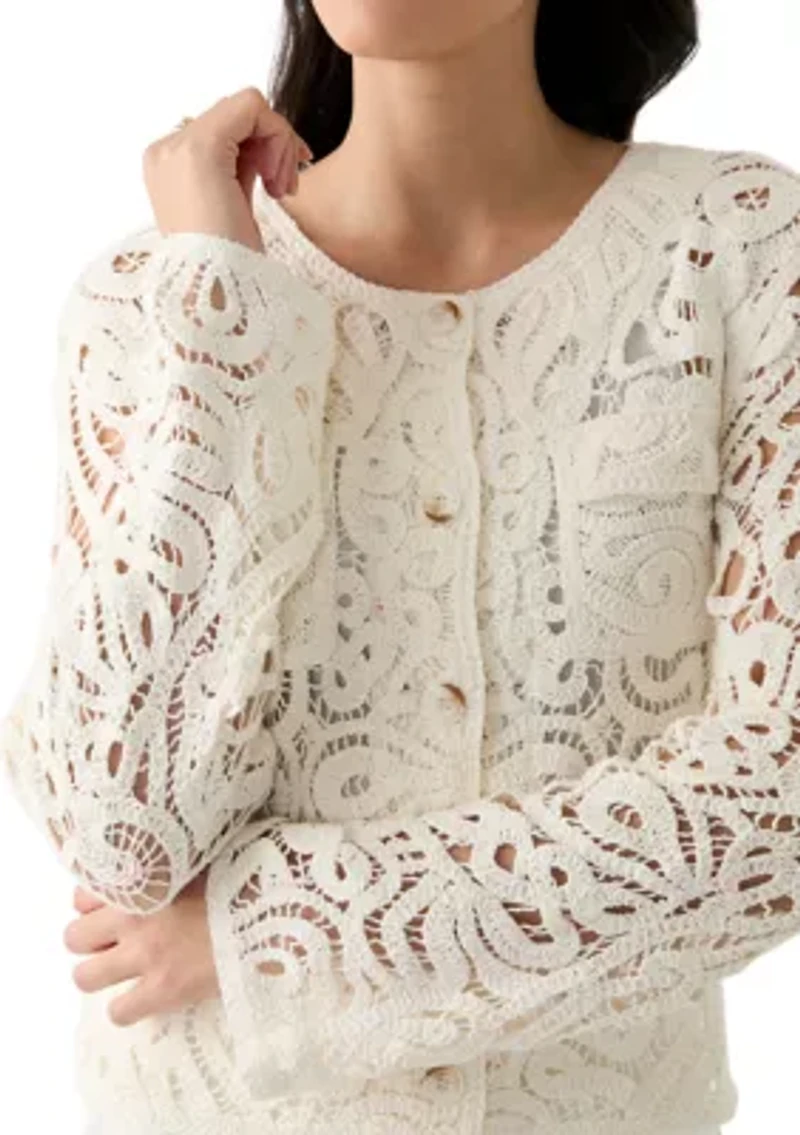 Women's Long Sleeve Crew Neck Button Up Crochet Coat