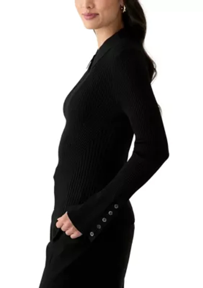 Women's Long Sleeve Collared Keyhole Ribbed Top