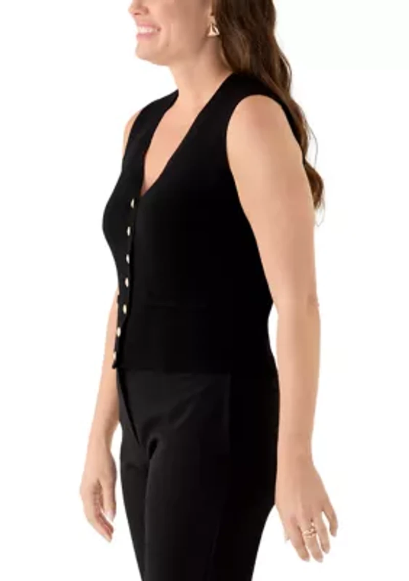 Petite Sleeveless V-Neck Button Sweater Vest