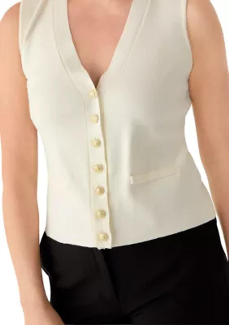 Petite Sleeveless V-Neck Button Sweater Vest