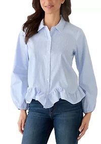 Women's Long Sleeve Ruffle Hem Striped Shirt