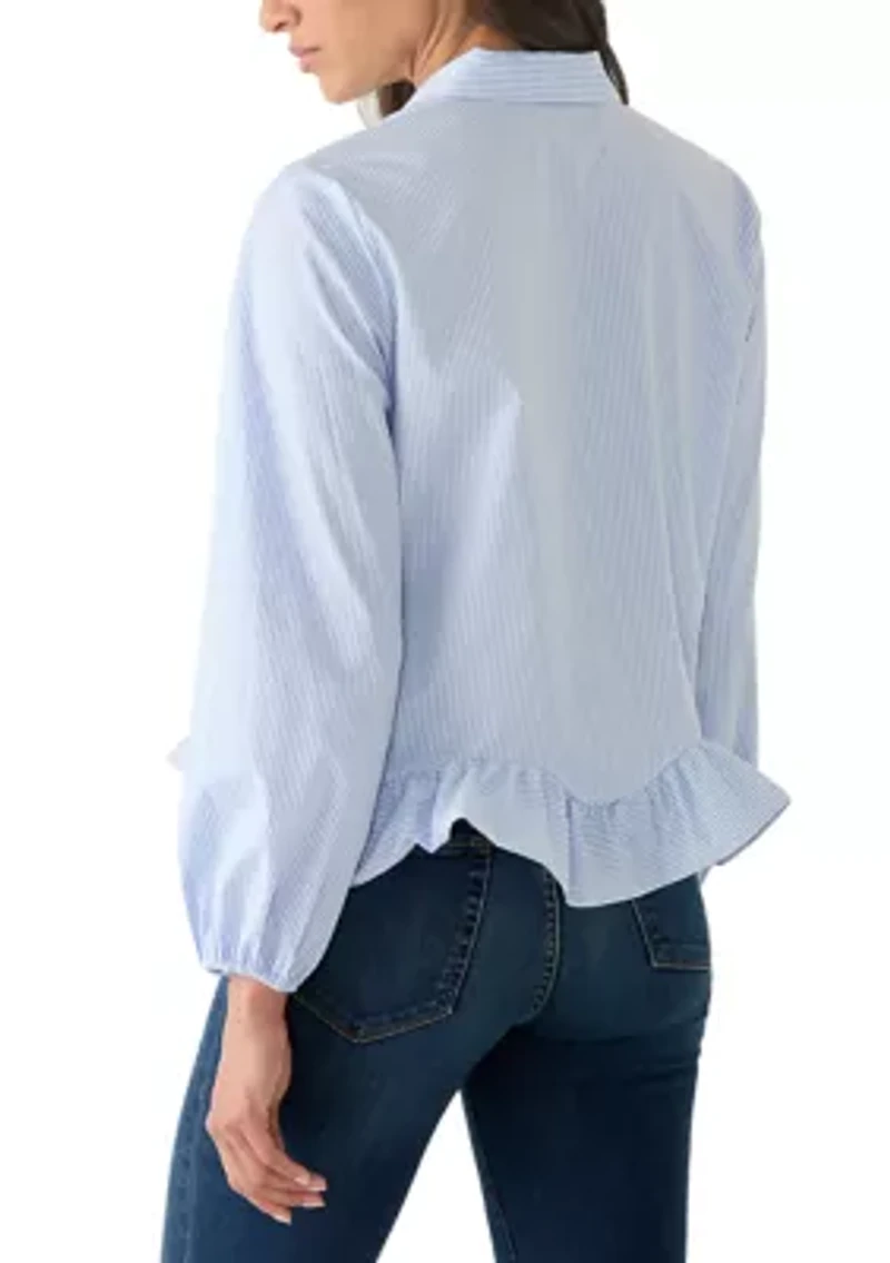 Women's Long Sleeve Ruffle Hem Striped Shirt