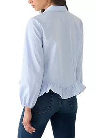 Women's Long Sleeve Ruffle Hem Striped Shirt