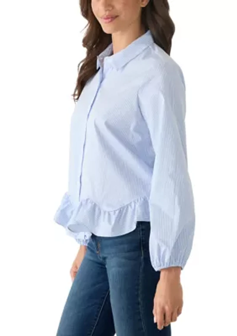 Women's Long Sleeve Ruffle Hem Striped Shirt