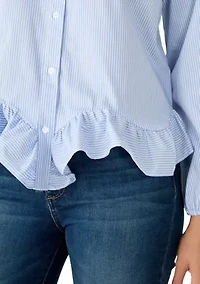 Women's Long Sleeve Ruffle Hem Striped Shirt