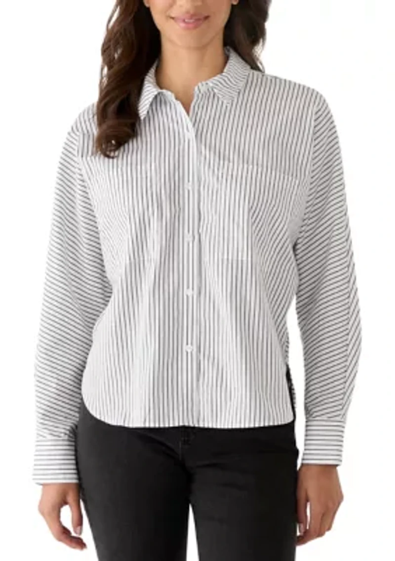 Women's Long Sleeve Parker Collared Striped Button Down Shirt