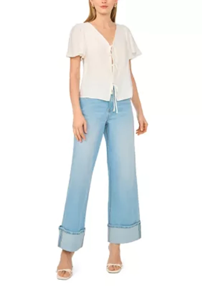 Women's Tie Front Flutter Sleeve Top