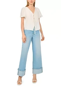 Women's Tie Front Flutter Sleeve Top