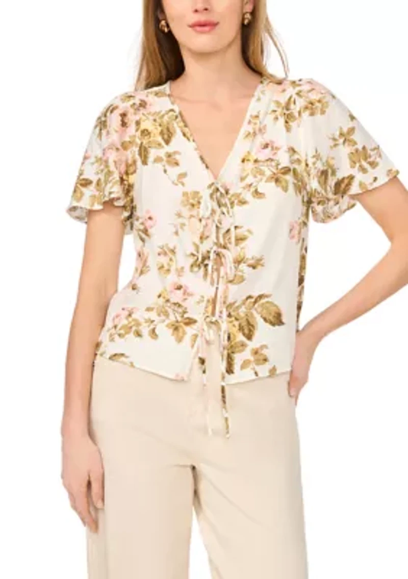 Women's Tie Front Print Blouse