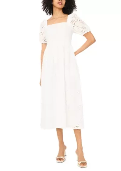 Women's Quarter Sleeve Square Neck Eyelet Midi Dress