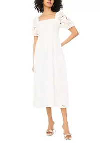 Women's Quarter Sleeve Square Neck Eyelet Midi Dress