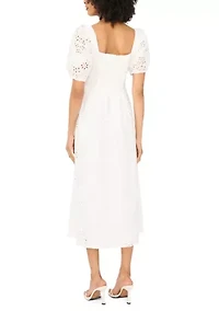 Women's Quarter Sleeve Square Neck Eyelet Midi Dress