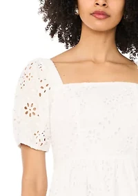Women's Quarter Sleeve Square Neck Eyelet Midi Dress