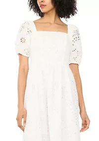 Women's Quarter Sleeve Square Neck Eyelet Midi Dress