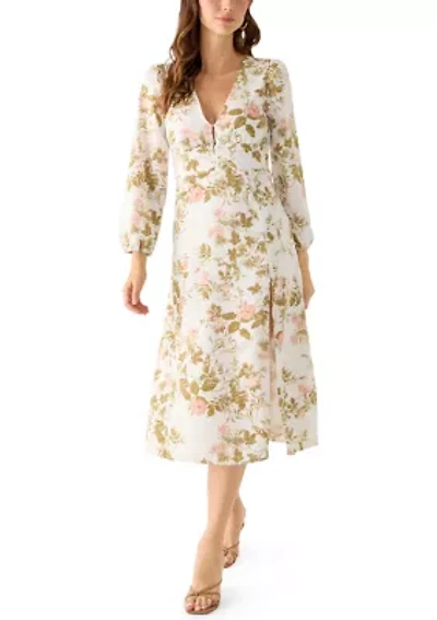 Women's Long Sleeve V-Neck Midi Dress with Front Slit