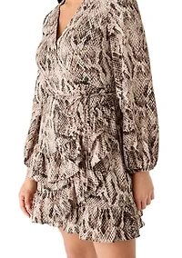 Women's Long Sleeve Sultry Snake Ruffled Wrap Front Dress