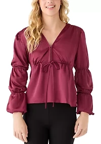 Women's Bubble Sleeve V-Neck Tie Top