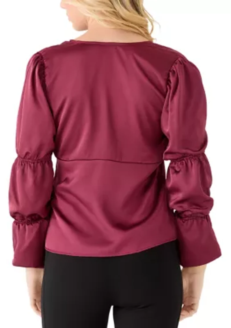 Women's Bubble Sleeve V-Neck Tie Top