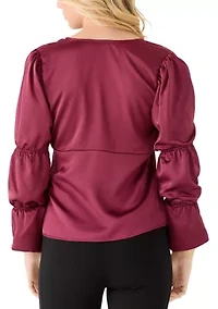 Women's Bubble Sleeve V-Neck Tie Top
