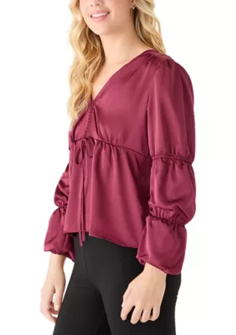 Women's Bubble Sleeve V-Neck Tie Top