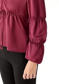 Women's Bubble Sleeve V-Neck Tie Top