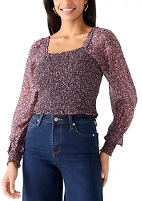 Women's Long Sleeve Square Neck Smocked Bodice Top