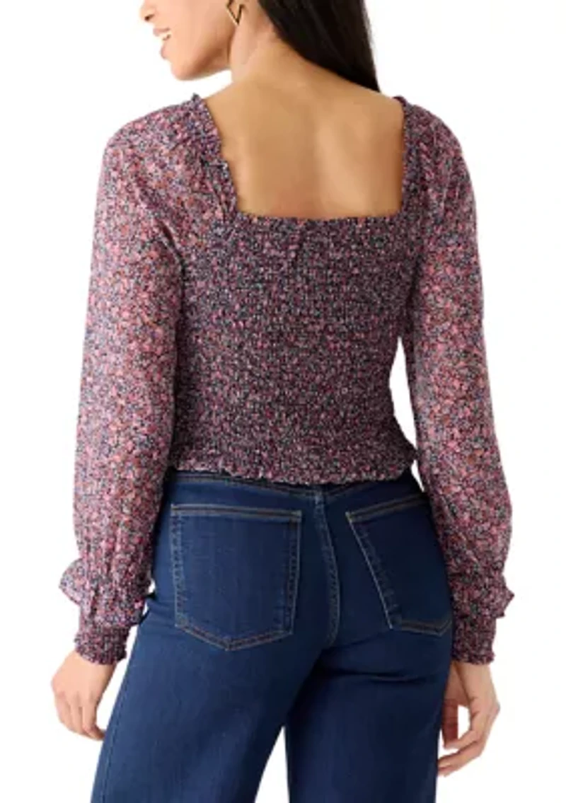 Women's Long Sleeve Square Neck Smocked Bodice Top