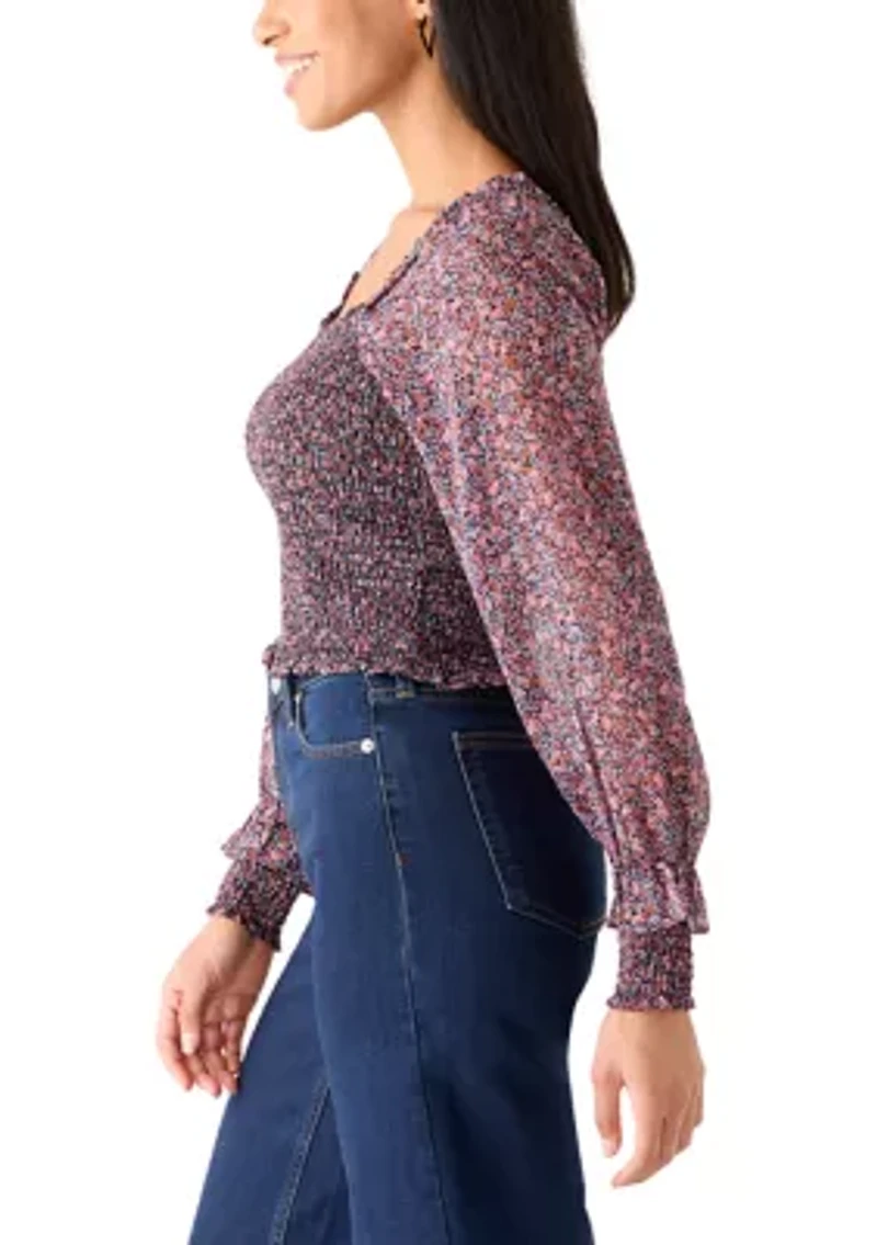 Women's Long Sleeve Square Neck Smocked Bodice Top