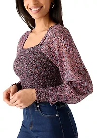 Women's Long Sleeve Square Neck Smocked Bodice Top