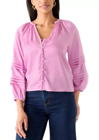 Women's Pintuck Detail Sleeve Button Front Top