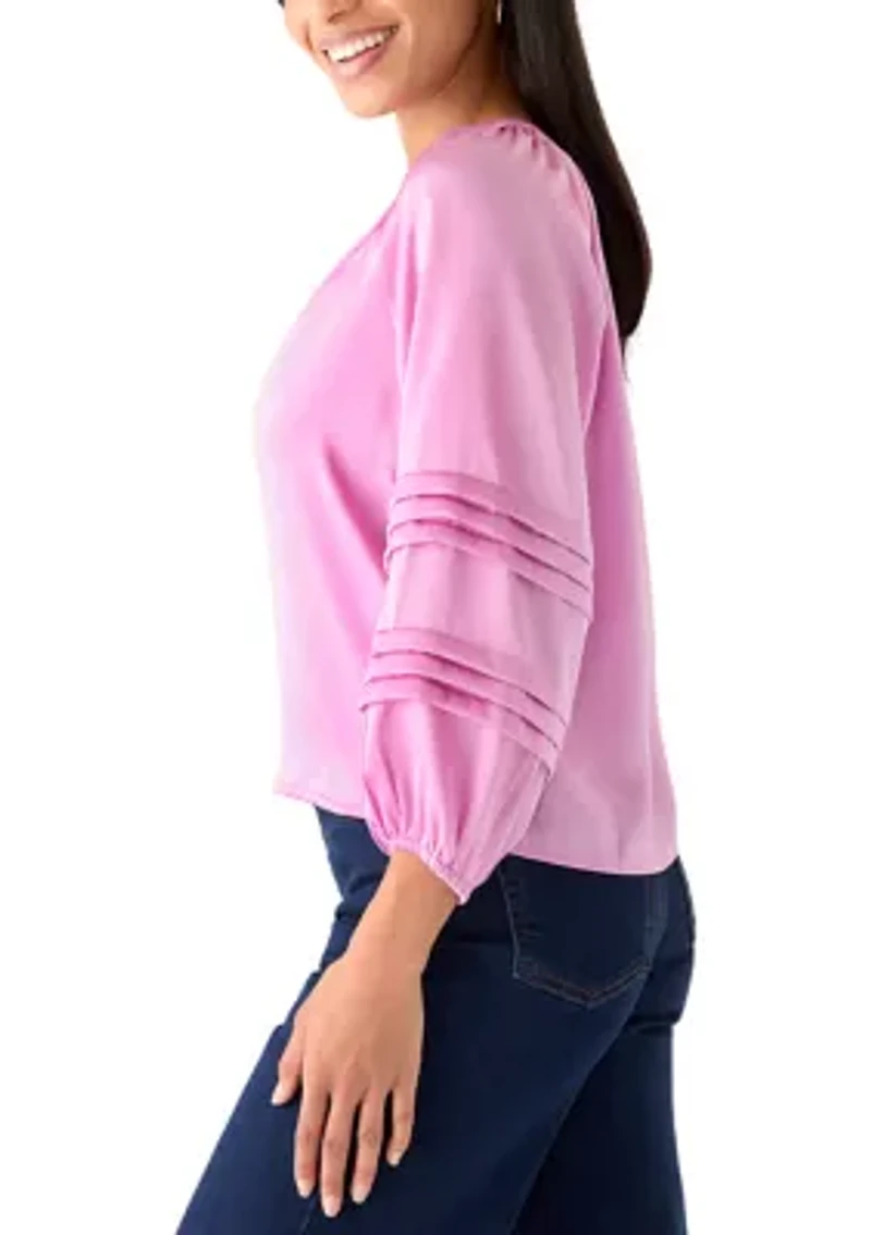 Women's Pintuck Detail Sleeve Button Front Top