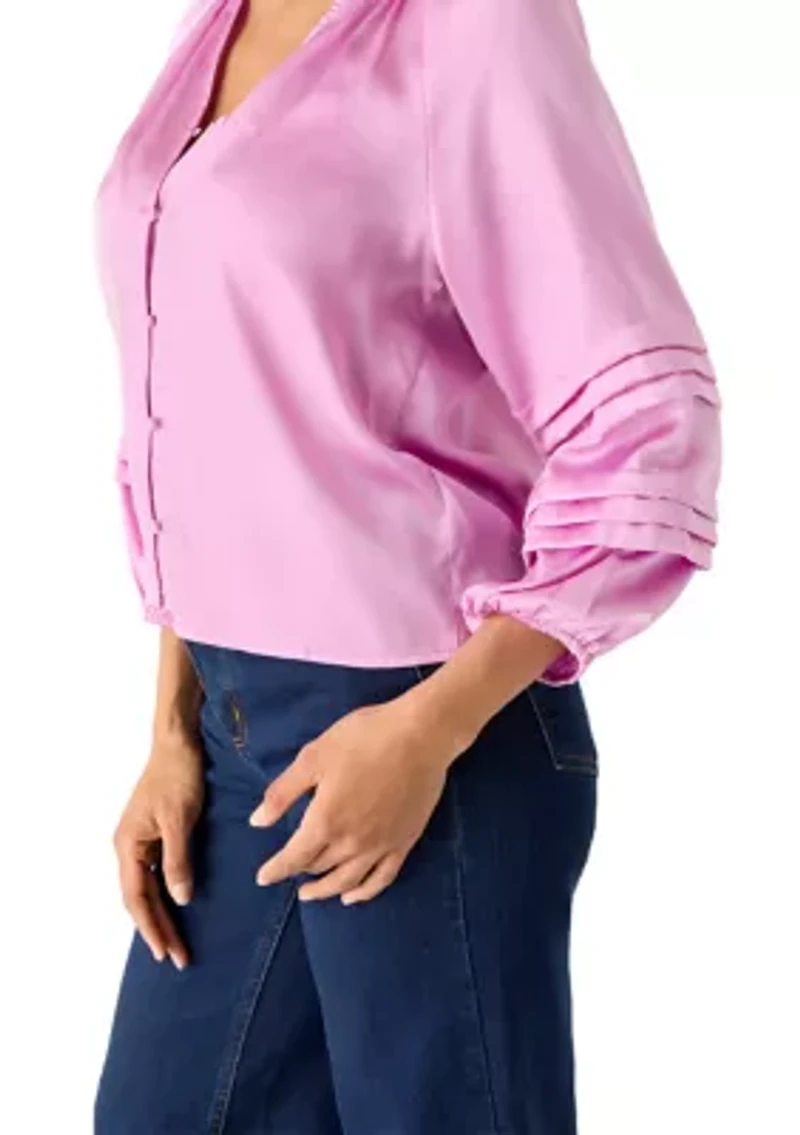 Women's Pintuck Detail Sleeve Button Front Top