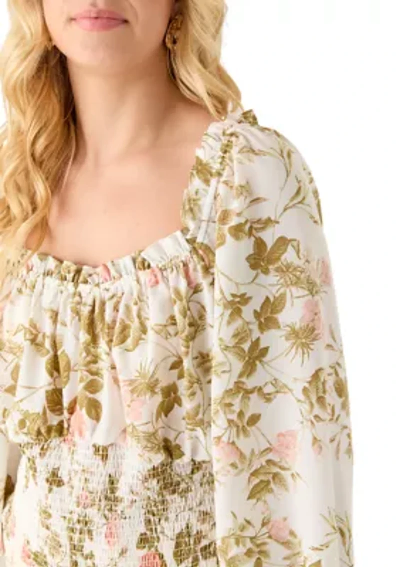 Plus Elasticized Neckline Smocked Waist Top