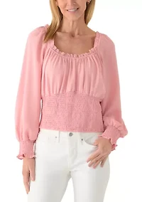 Women's Long Sleeve Elastic Neckline Smocked Waist Top