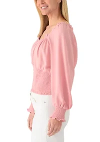 Women's Long Sleeve Elastic Neckline Smocked Waist Top