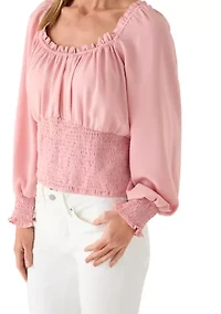 Women's Long Sleeve Elastic Neckline Smocked Waist Top