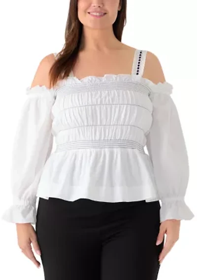 Plus Off Shoulder Topstitched Smocked Top
