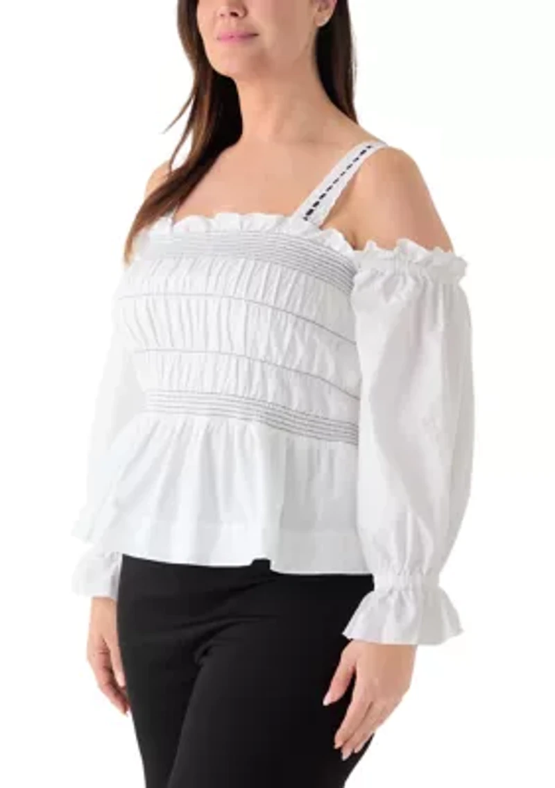 Plus Off Shoulder Topstitched Smocked Top