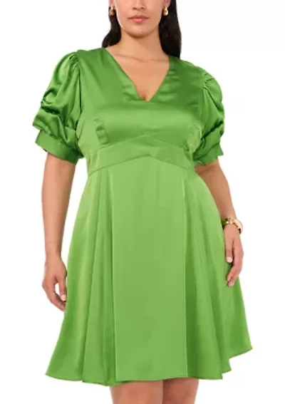 Plus Puff Sleeve V-Neck Mini Dress