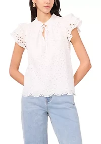 Women's Eyelet Flutter Sleeve V-Neck Blouse