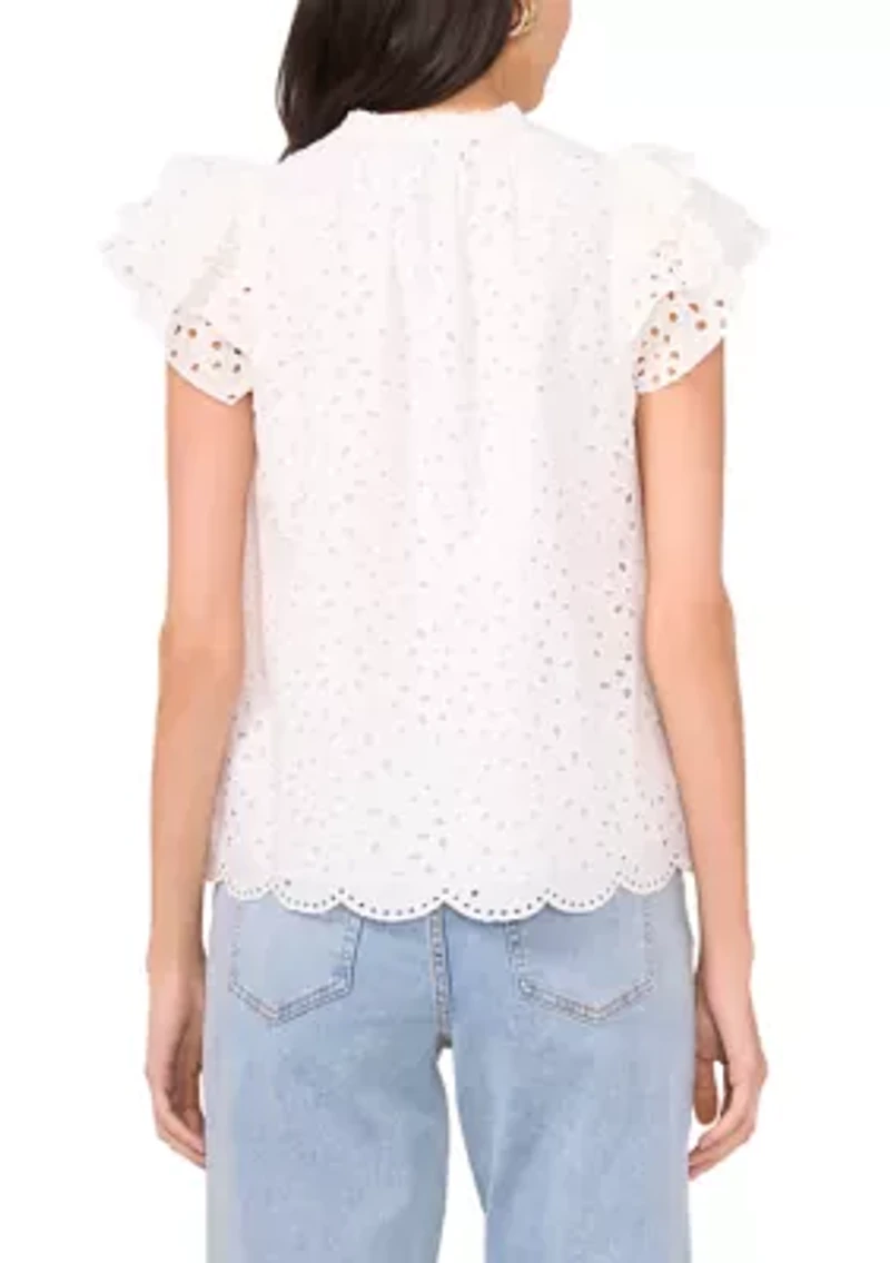 Women's Eyelet Flutter Sleeve V-Neck Blouse