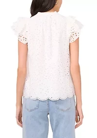 Women's Eyelet Flutter Sleeve V-Neck Blouse