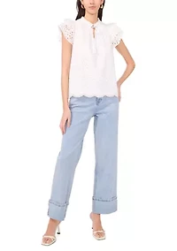 Women's Eyelet Flutter Sleeve V-Neck Blouse