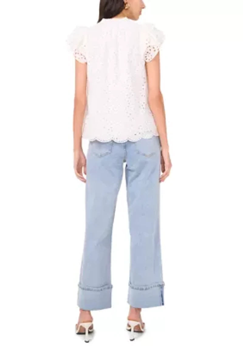 Women's Eyelet Flutter Sleeve V-Neck Blouse