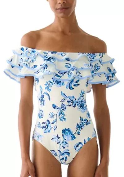 Women's Floral Toile Ruffle Off Shoulder One Piece Swimsuit