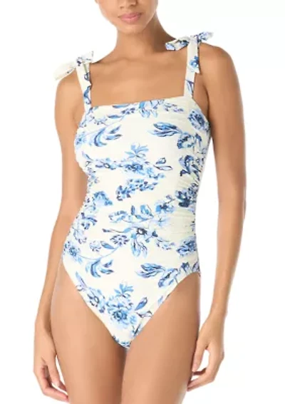 Women's Floral Toile Bow Shoulder Shirred One Piece Swimsuit
