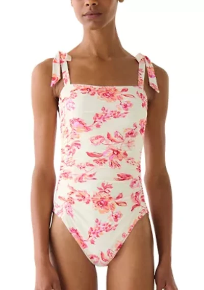 Women's Floral Toile Bow Shoulder Shirred One Piece Swimsuit
