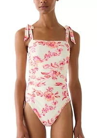 Women's Floral Toile Bow Shoulder Shirred One Piece Swimsuit